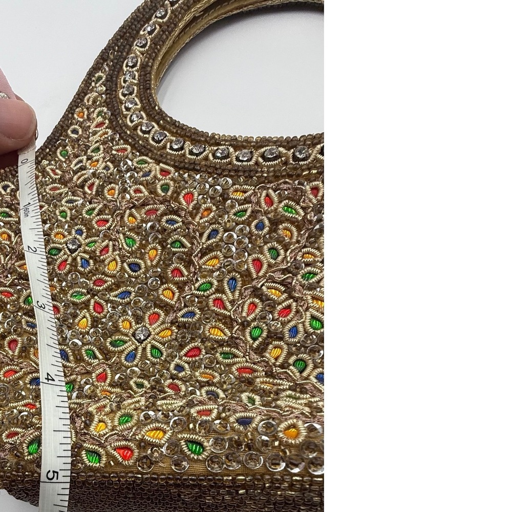 Mochi Hand-Beaded Zardosi Evening Bag - Metallic Gold with Multi-Color Accents - Picture 7 of 9